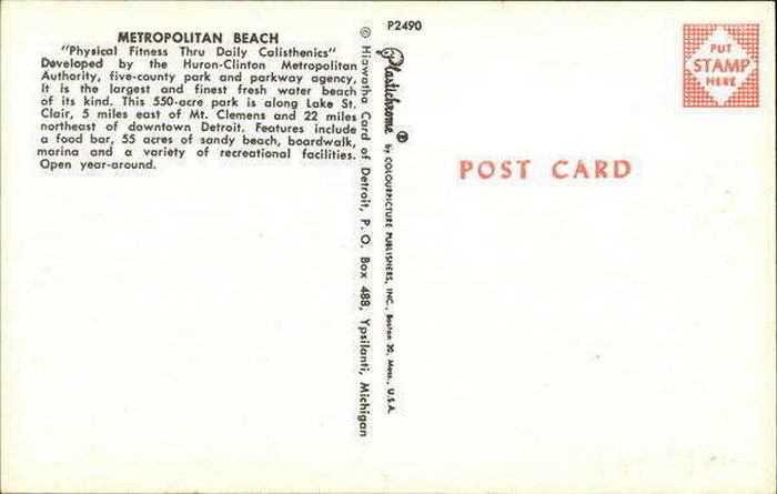 Lake St. Clair Metropark (Metro Beach, Metropolitan Beach) - Vintage Postcard Back